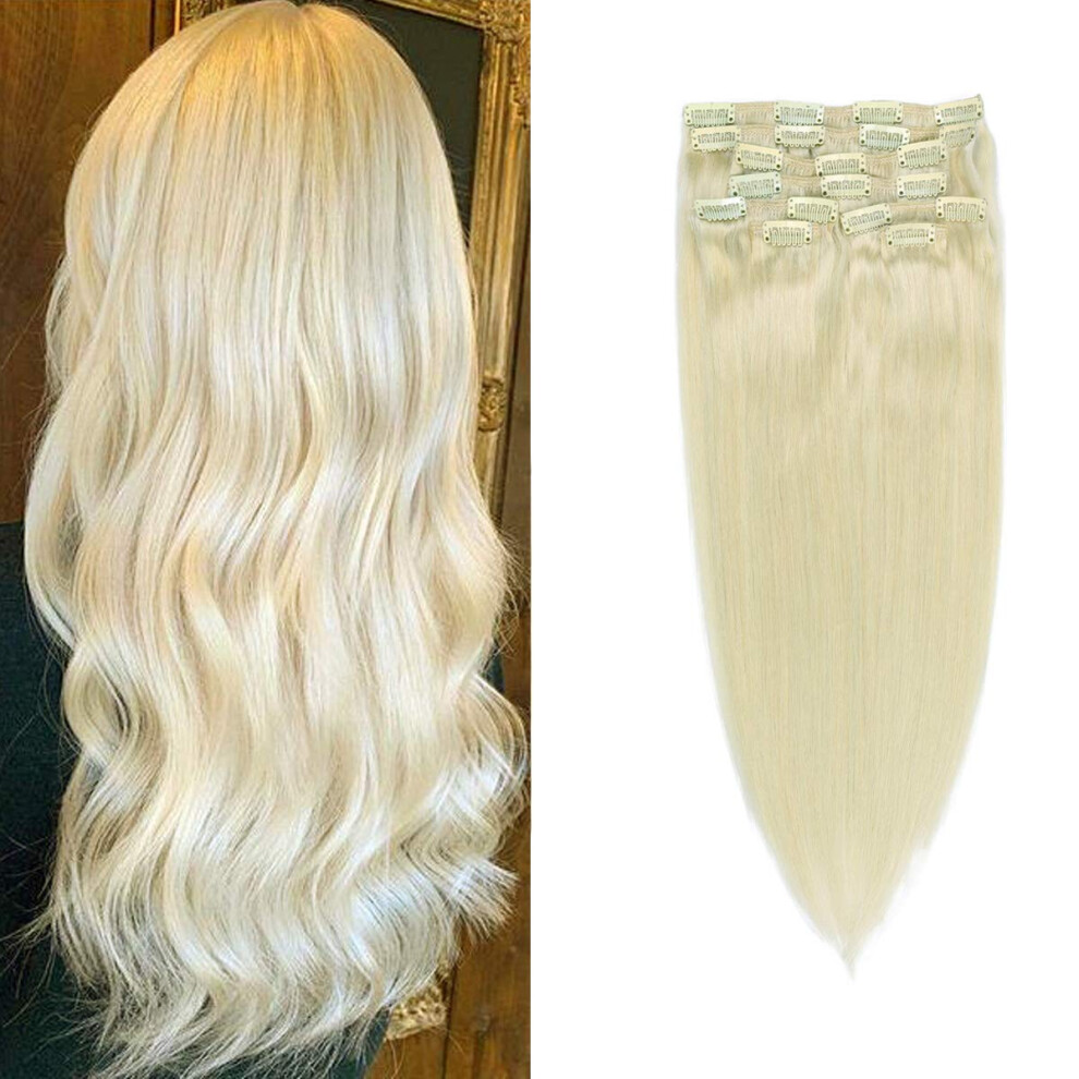 Unisex Silver 16 Inch Platinum Blonde Remy Clip In Human Hair Extensions With Thick Ends For Instant Volume