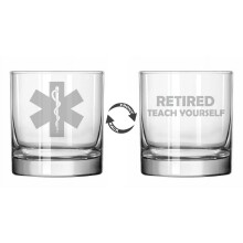 Rocks Whiskey Old Fashioned Glass 2 Sided Retirement Gift Star of Life EMT Retired Save Yourself
