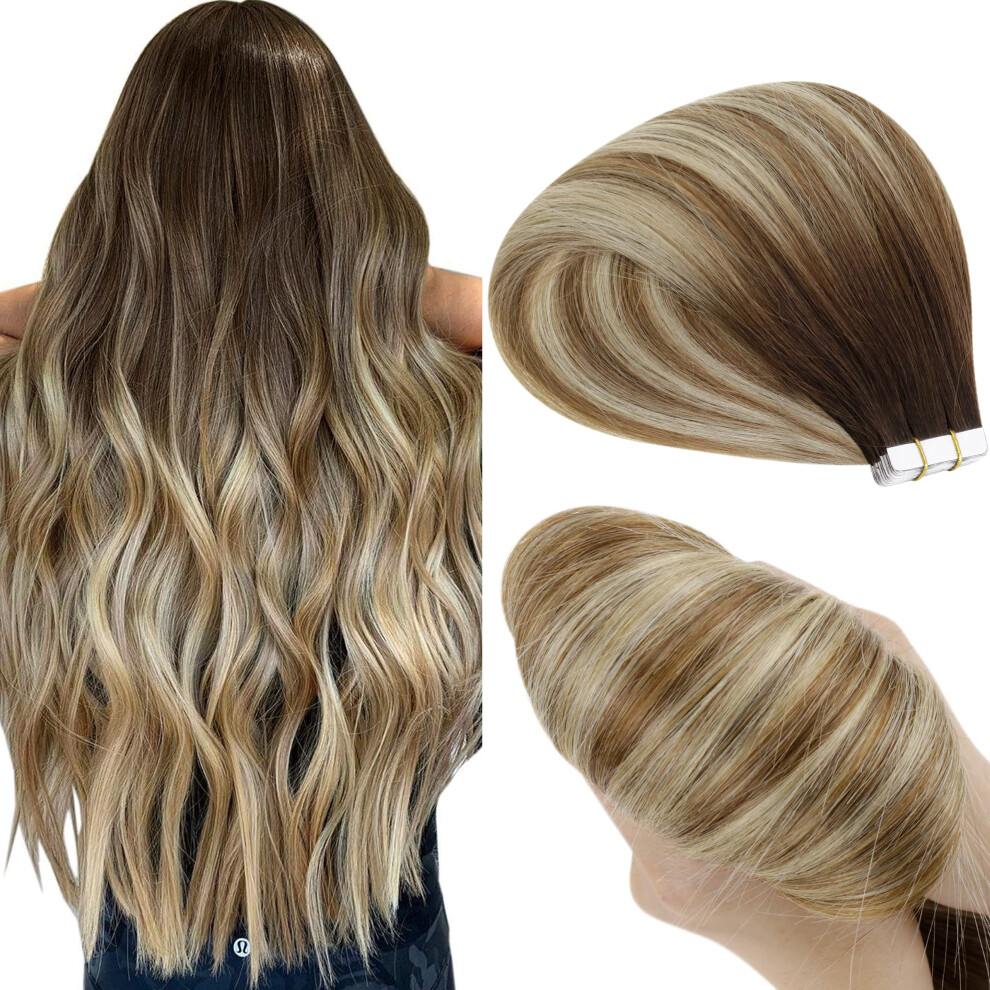 Unisex Balayage Tape In Hair Extensions Remy Human Hair 16 Inch Straight Invisible Natural Look 20Pcs