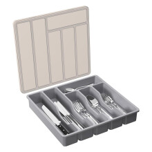 Silverware Organizer with Lid, 6-Compartment Plastic Cutlery Storage Box for Kitchen Drawer or Countertop, Compatible with Forks, Spoons, Knives