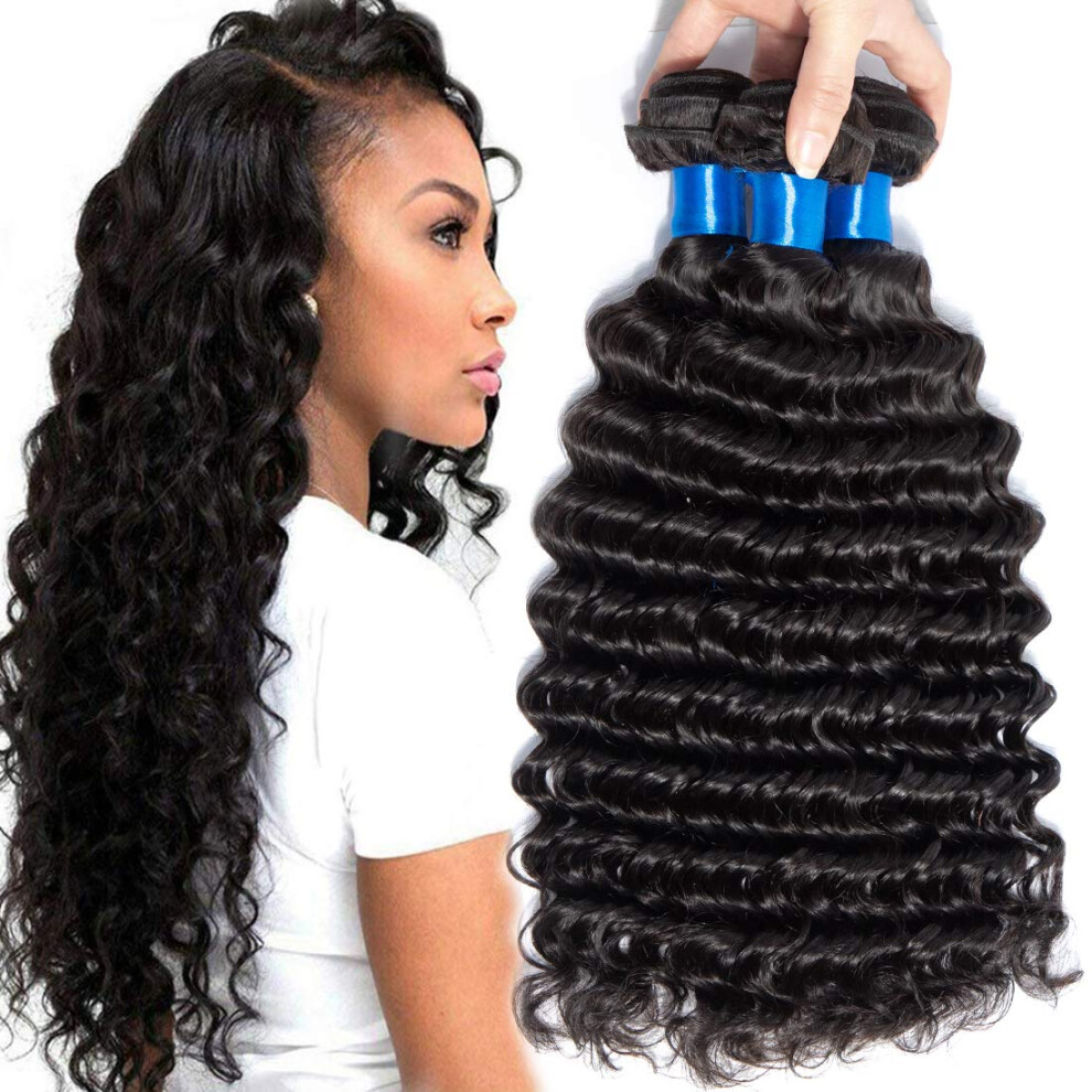 Unisex Black Peruvian Virgin Deep Wave Hair Bundles 3Pcs 14 14 16 Inch Unprocessed Human Hair Weave Natural Dyeable