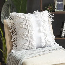 Phantoscope 100% Cotton Handmade Crochet Boho Series with Tassels and Woven Knot Throw Pillow, 18" x 18", White, 1 Pack