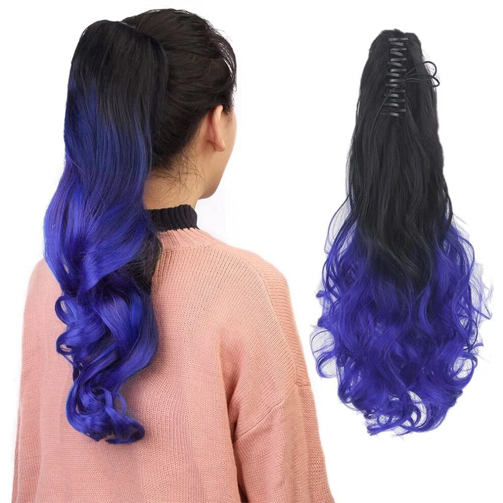 24 Inch Curly Claw Clip Ponytail Extension Synthetic Ombre Black to Blue Wavy Hairpiece for Women