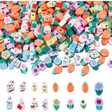 300Pcs 3 Styles Polymer Clay Beads Set, Assorted Cartoon Flower, Rabbit, Carrot, Multi-Colored Animal Spacer Beads for DIY Jewelry Making