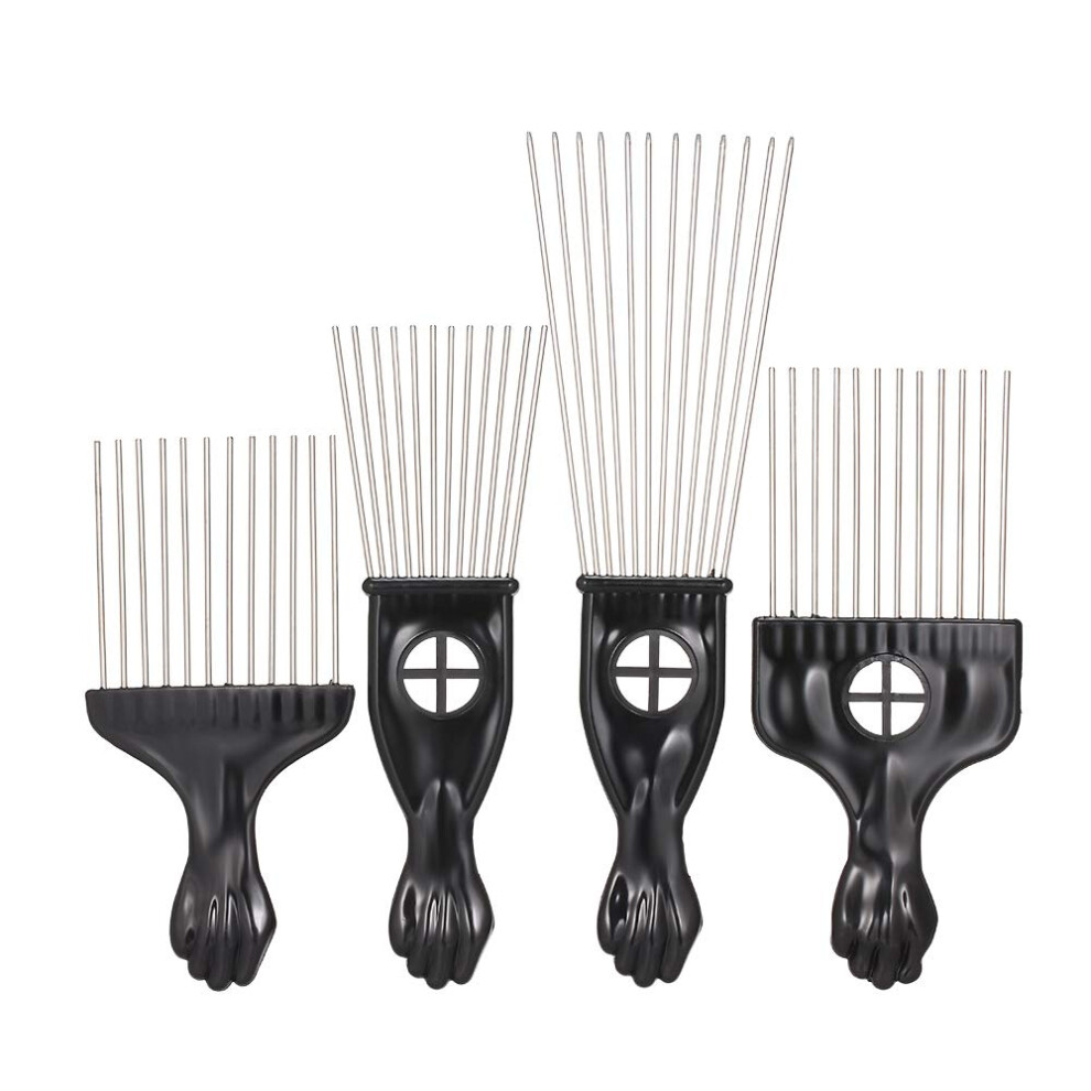 Unisex Black Afro Hair Comb Set 4Pcs Widetooth Metal Picks For Curly Hair With Rustresistant Steel Teeth