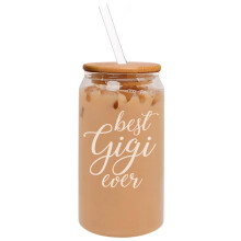 16oz Can Shaped Glass Iced Coffee Cup with Bamboo Lid and Straw Gift Best Gigi Ever Grandma Grandmother