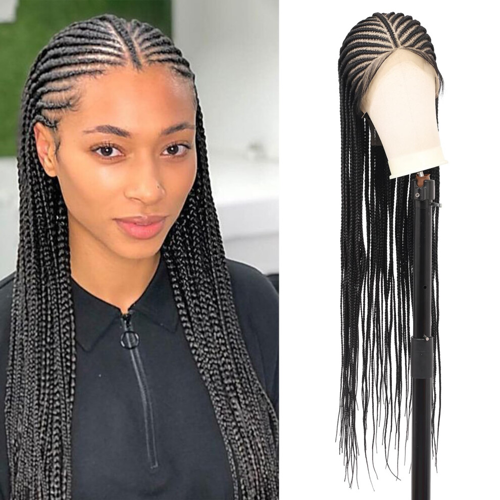 36 Inch HD Lace Front Box Braid Wig with Baby Hair, Black Cornrow Braids for Women