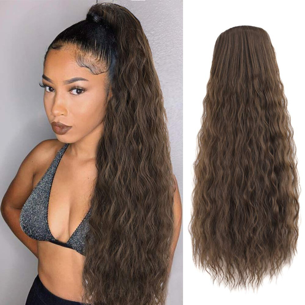 Unisex Black Ponytail Hair Extension 22 Inch Wavy Clip In With Drawstring For Instant Length And Volume