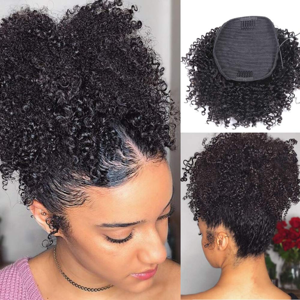 Unisex Black Afro Puff Ponytail Human Hair, Short Kinky Curly Drawstring Hairpiece For Women Natural