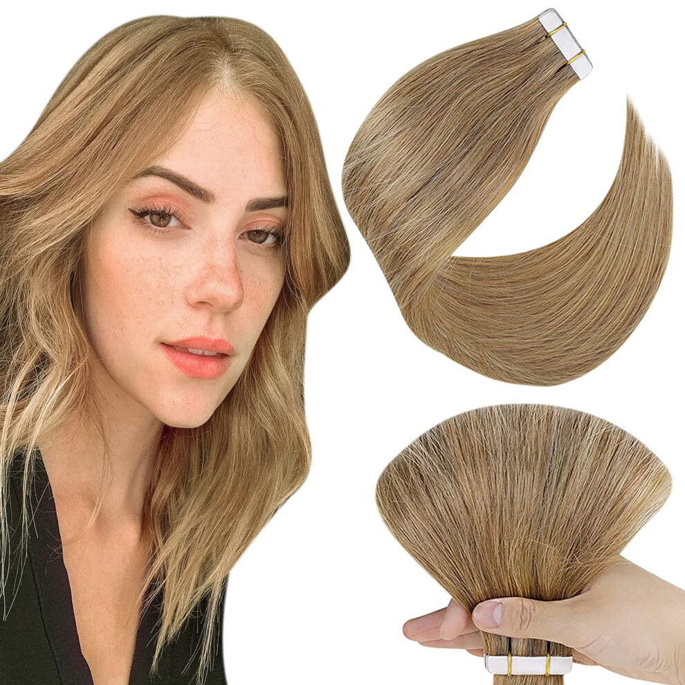 Unisex Brown 16 Inch Tape In Remy Human Hair Extensions Ash Honey Blonde Seamless Skin Weft Natural Look
