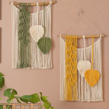 Twfbrm Macrame Wall Hanging 16"x28", Cotton Woven Beige & Green Leaves Tapestry, Vintage Bohemian Tassel Decor for Bedroom, Living Room