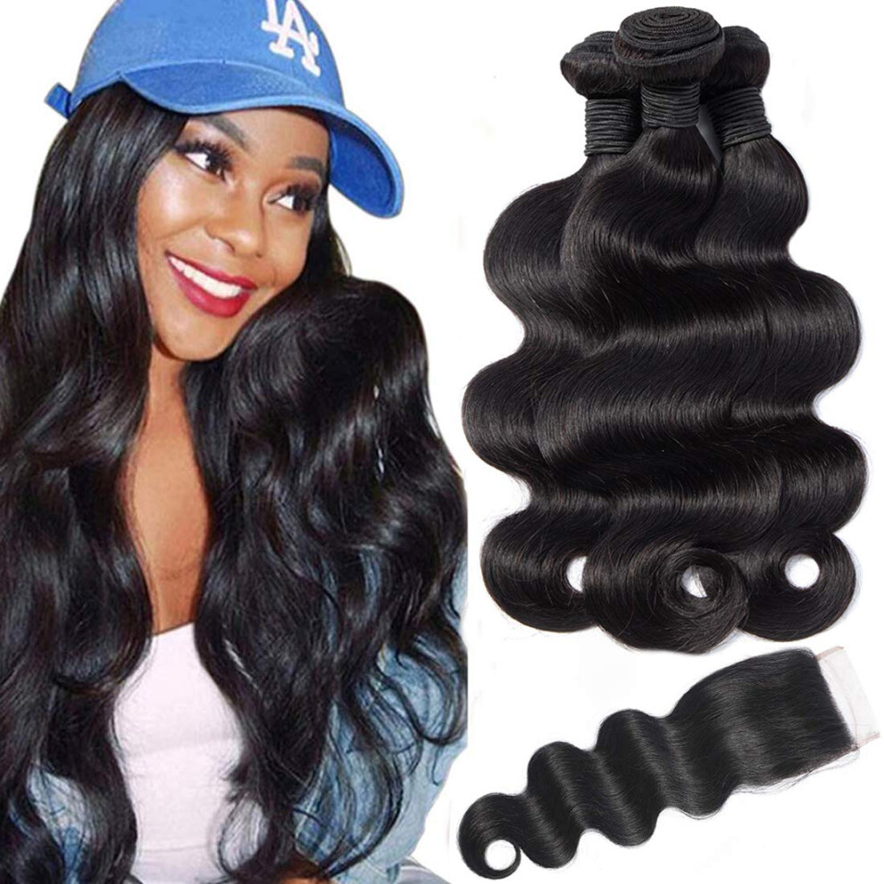Brazilian Body Wave Hair 3 Bundles with Closure Virgin Unprocessed Natural Black Minimal Shedding