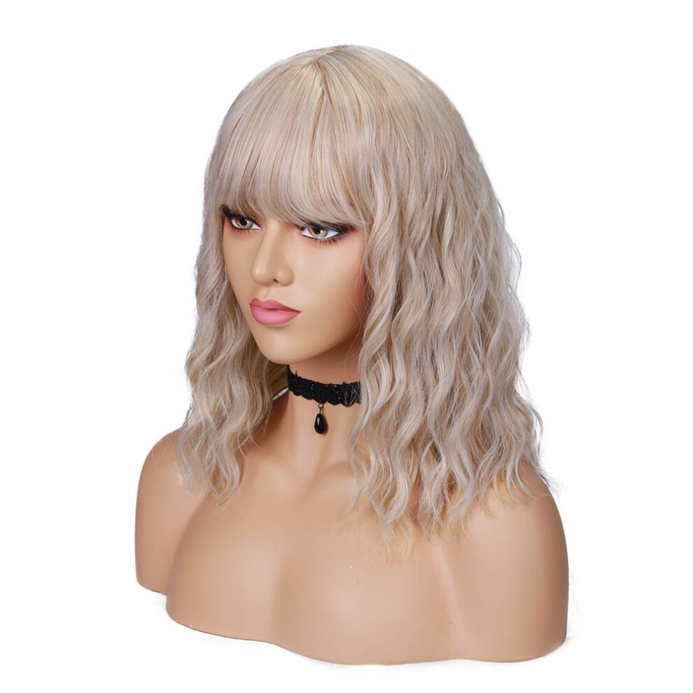 Unisex Ash Blonde Shoulder Length Synthetic Wig With Bangs Heat Resistant Fiber Adjustable Cap For Women