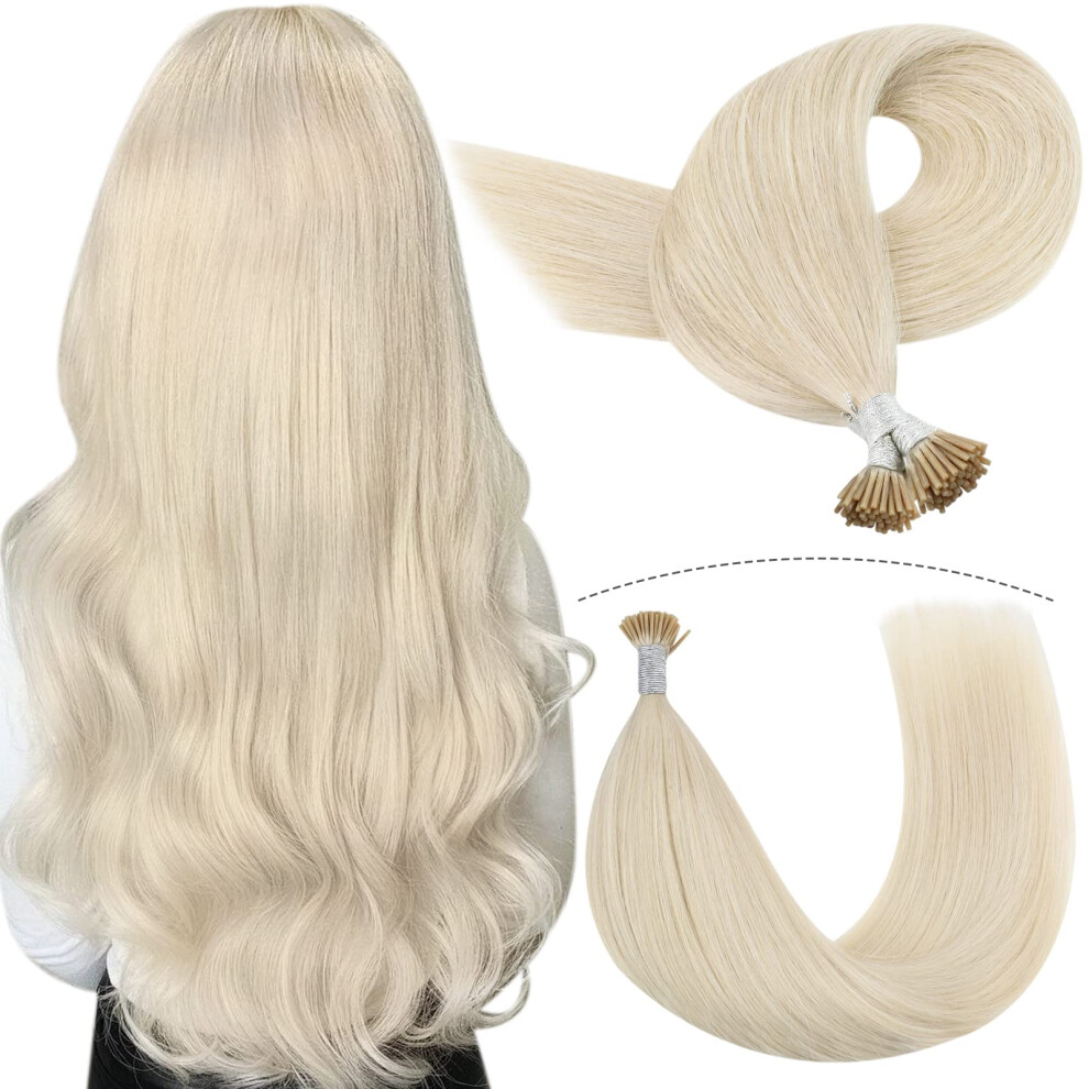 Unisex Silver 24 Inch Platinum Blonde I Tip Hair Extensions Human Hair Remy With Longlasting Keratin Bond 50G