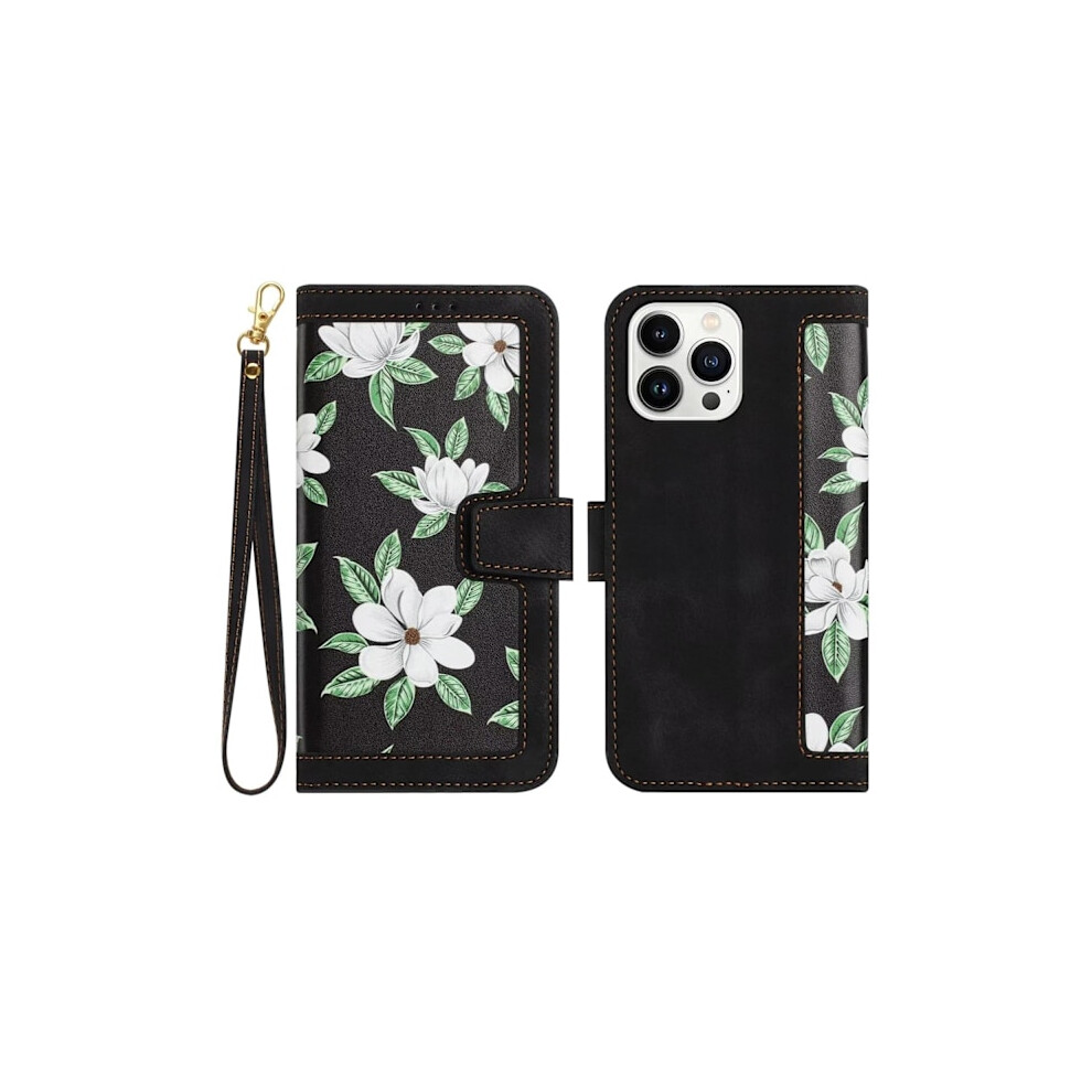 Case For Compatible With Iphone 13 Short Lanyard Printed Leather Flip Card Slot Crossbody Flower Black 9395123116501