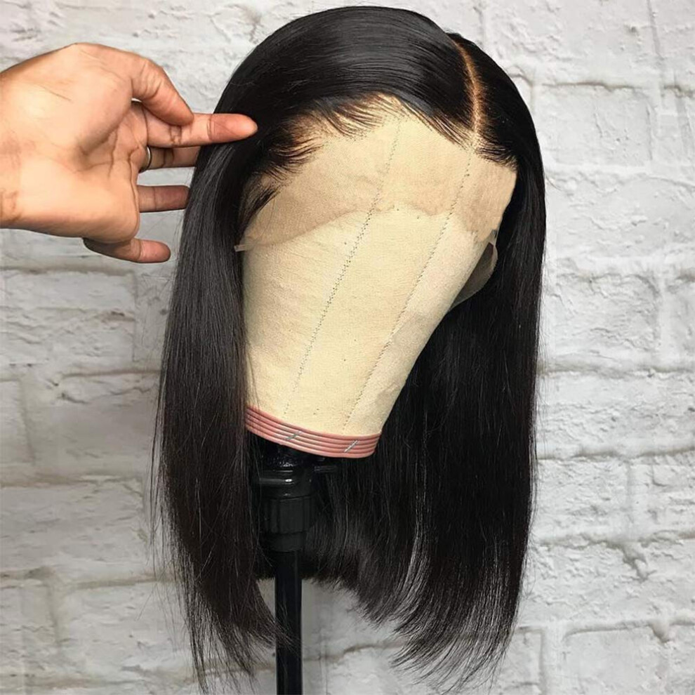 Unisex 13X6 Lace Front Bob Wig 12 Inch Brazilian Human Hair Pre Plucked Bleached Knots 150% Density