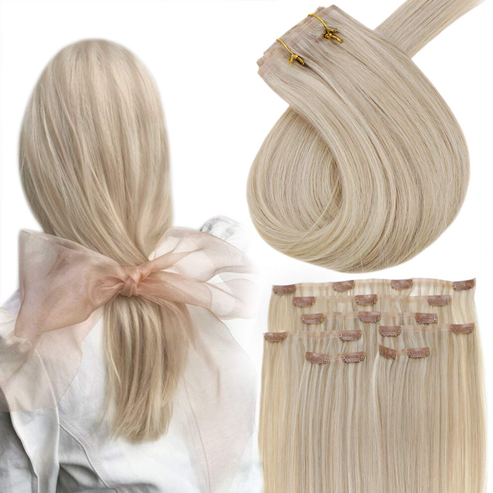 Unisex Silver Seamless Clip In Hair Extensions 16 Inch Ash Blonde Highlighted Platinum Human Hair 80G Set