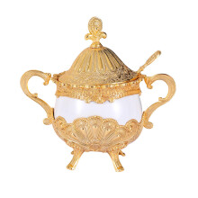 Gold Sugar Bowl with Spoon and Lid for Kitchen Coffee Tea, Metal Sugar Container 16x16.5cm