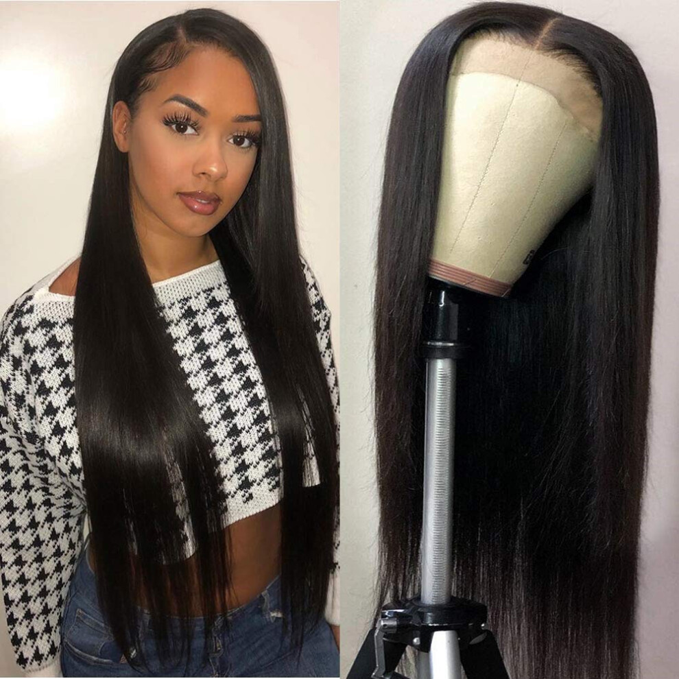 Unisex Human Hair Lace Front Wig Glueless Brazilian Straight Pre Plucked Bleached Knots 180% Density 20''