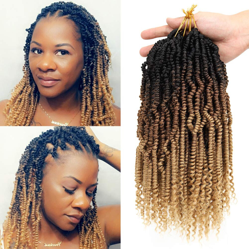 Unisex Black,Brown Ombre Passion Twist Crochet Hair 12 Inch Prelooped Fluffy Spring Braids 4 Packs Black Brown