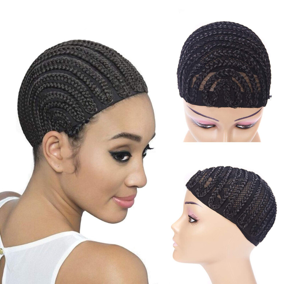 Cornrow Braided Wig Cap 3pcs Black, PreBraided for Crochet, Adjustable and Comfortable Fit