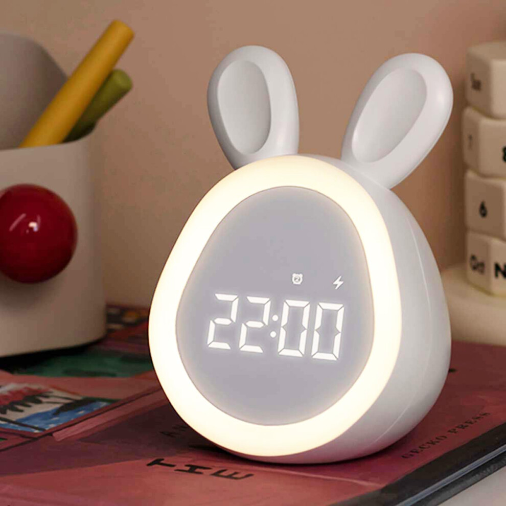 Kids Alarm Clock With Night Rechargeable Bunny Design, Temperature Display, Warm Led, Milk Light/White