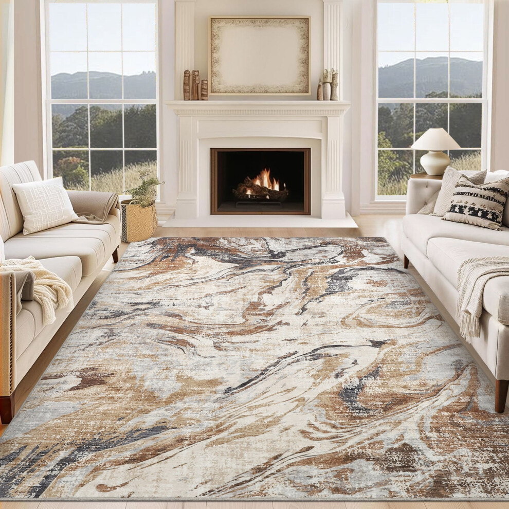Haperlare Abstract Rugs for Living Room Contemporary Distressed Stain-Resistant Soft Area Rugs for Kitchen Dining Room,5'x7',Brown