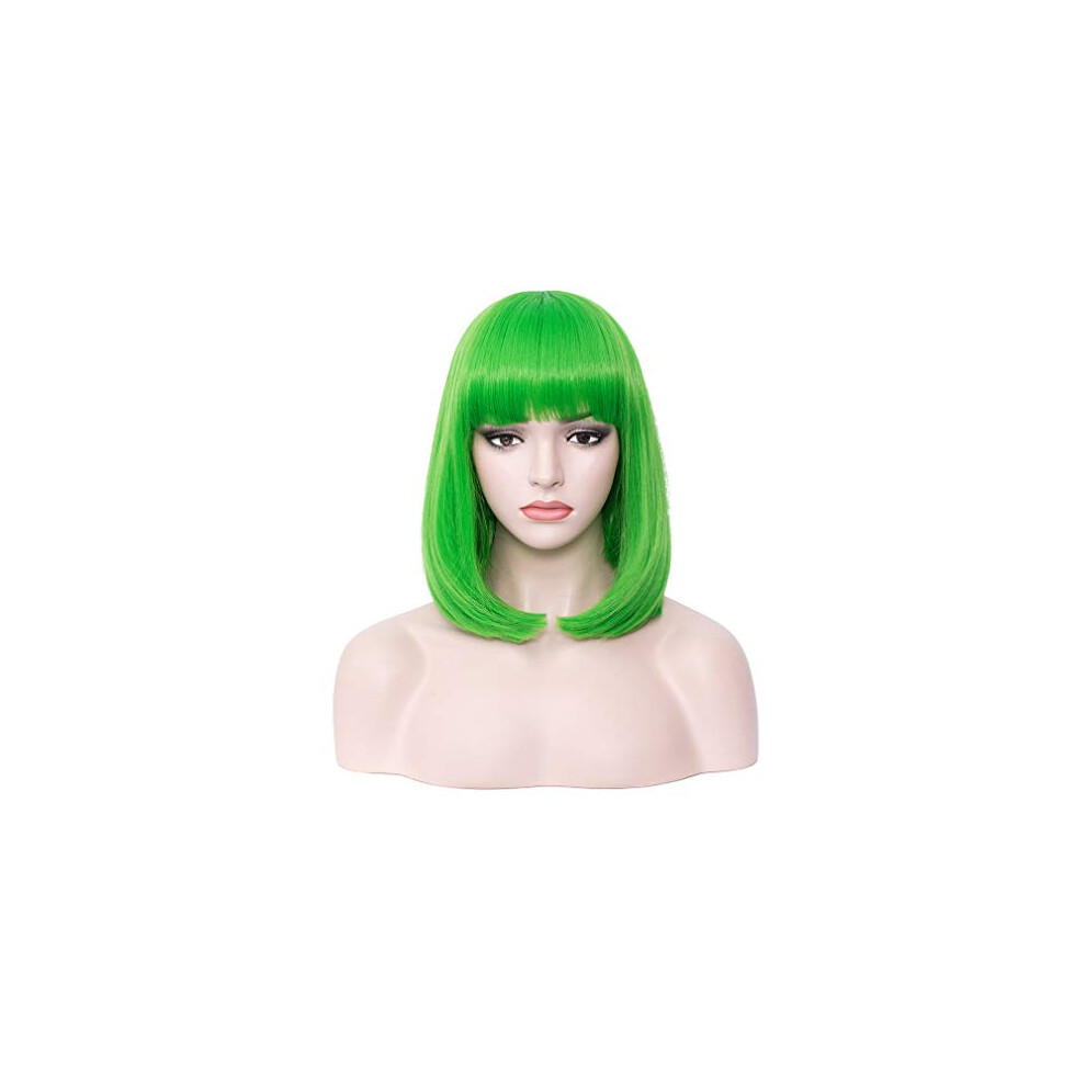 Unisex Green Light Bob Wig With Bangs For Women Heat Resistant Synthetic Shoulder Length Natural Look