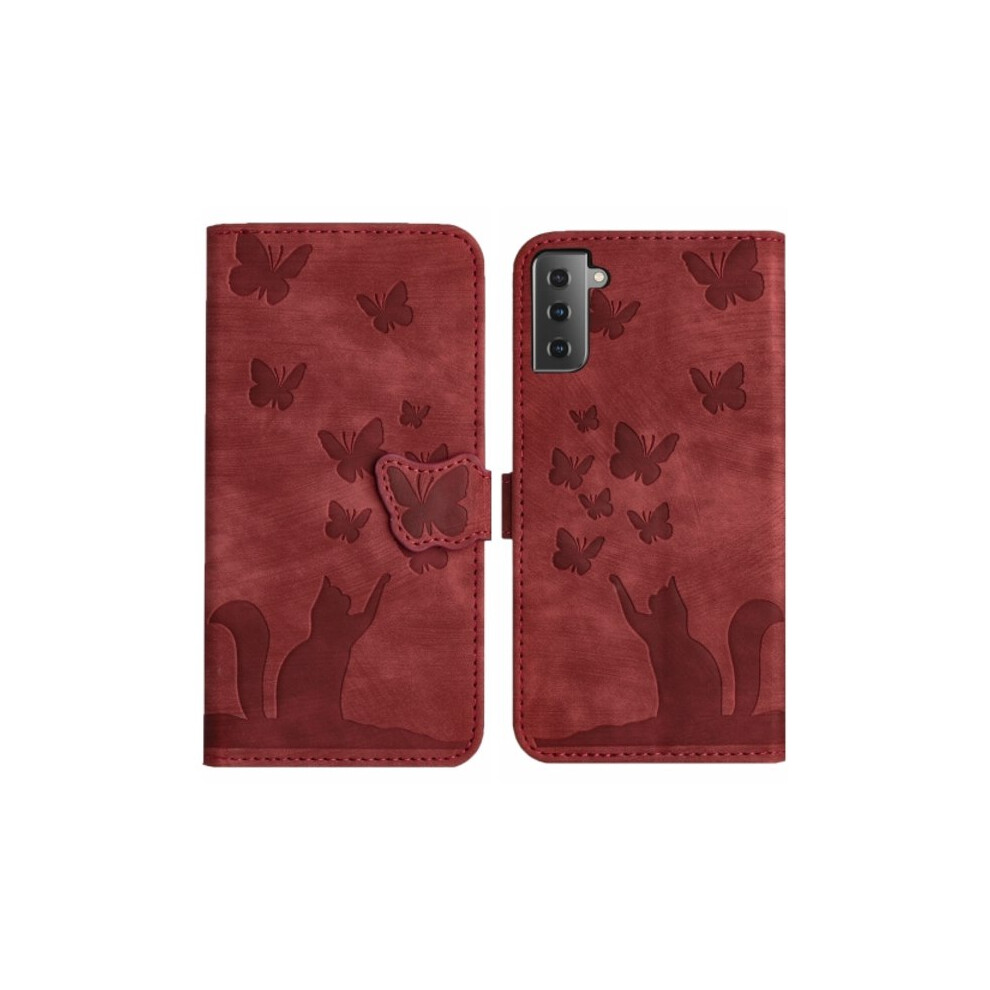Compatible With Samsung Galaxy S22 5G Case With Embossed Butterfly And Cat Red 9338982196352