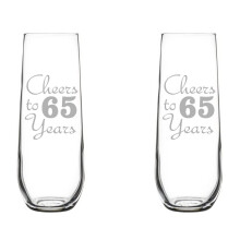 Set of 2 Glass Champagne Flutes Sparkling Wine Glasses Birthday Anniversary Cheers 65 Years (8.5 oz Stemless)