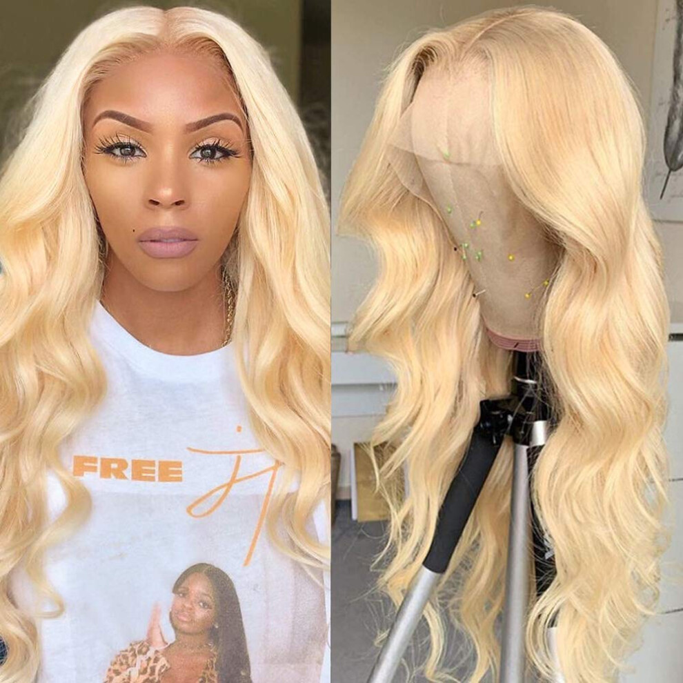 Unisex Black 613 Blonde Lace Front Wig Human Hair, 14 Inch Body Wave, Preplucked Remy Glueless For Women