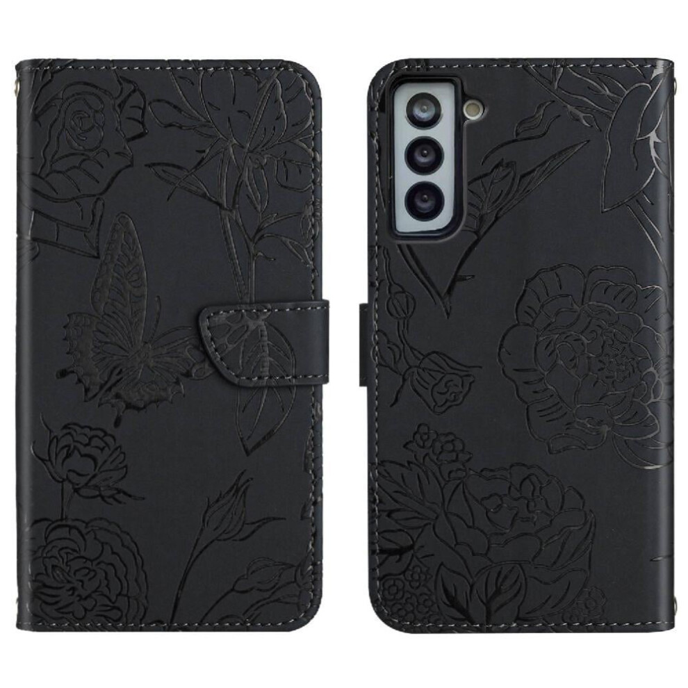 Case For Compatible With Samsung Galaxy S21 Fe, Wrist Strap, Anti-Drop Pu Leather Flip Cover, Shockproof Flower Butterfly Design 9499224752764