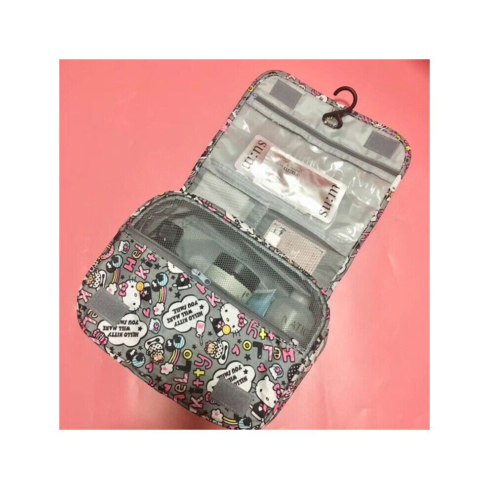 Gray Travel Cosmetic Storage Makeup Bag Hello Kitty Hanging Toiletry Organizer Pouch