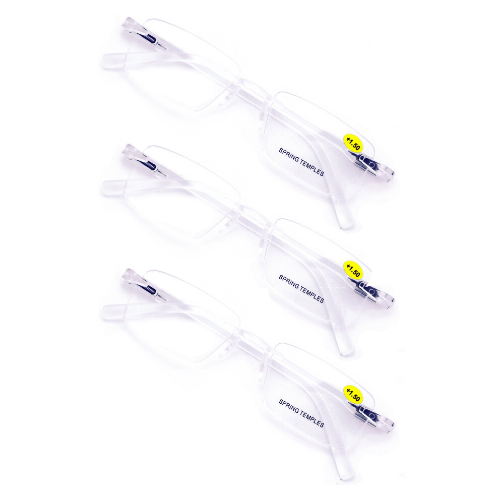 3 Pairs Lightweight Men Women Rimless Comfortable Reading Glasses with Spring Hinge - Clear Lens Reader +1.50