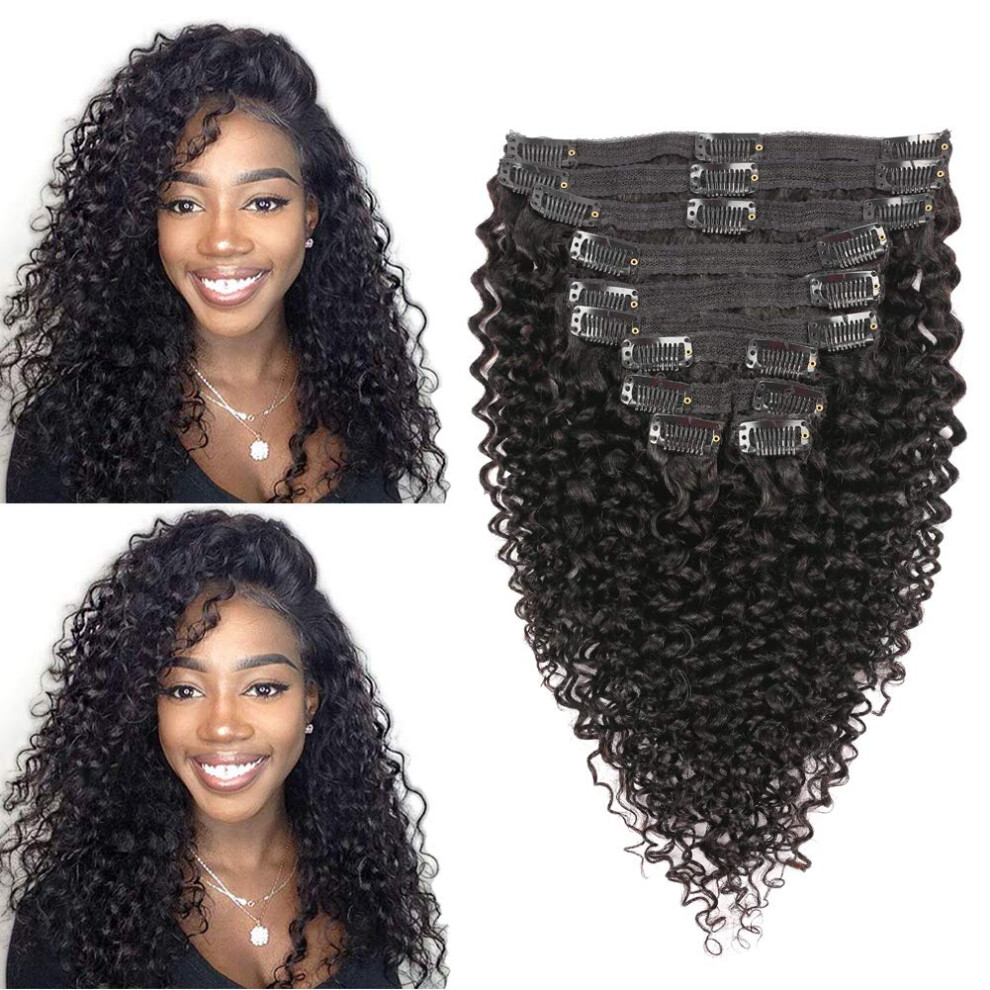Unisex Black Jerry Curl Clip In Hair Extensions 20 Inch Brazilian Virgin Human Hair, Natural 10Pcs