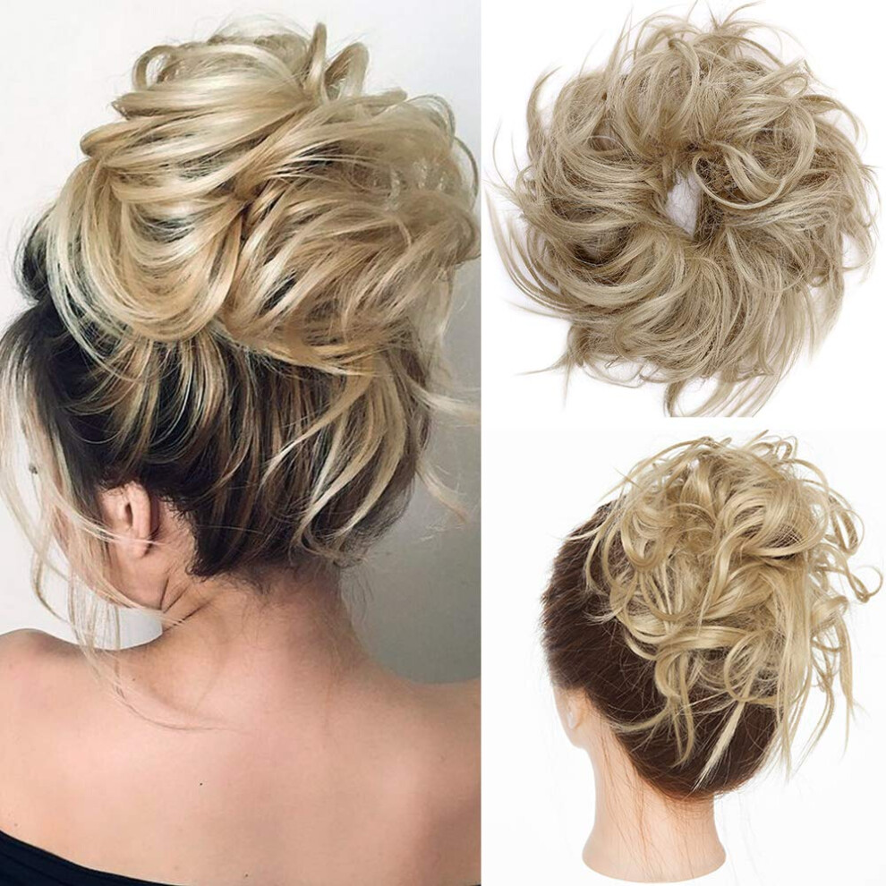 Unisex Messy Bun Hair Piece Ash Blonde Synthetic Wavy Hair Bun Extension With Instant Volume Boost 45G