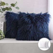 Luxury Mongolian Fluffy Faux Fur Series Square Decorative Throw Pillow Cusion for Couch, 20" x 20", Navy Blue, 2 Pack