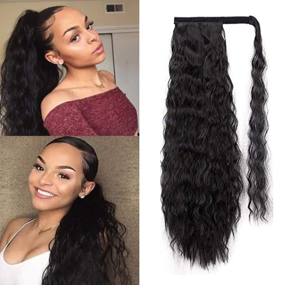 Unisex Black Ponytail Hair Extension 22 Inch Curly Corn Wave Synthetic Drawstring Hairpiece Wraparound