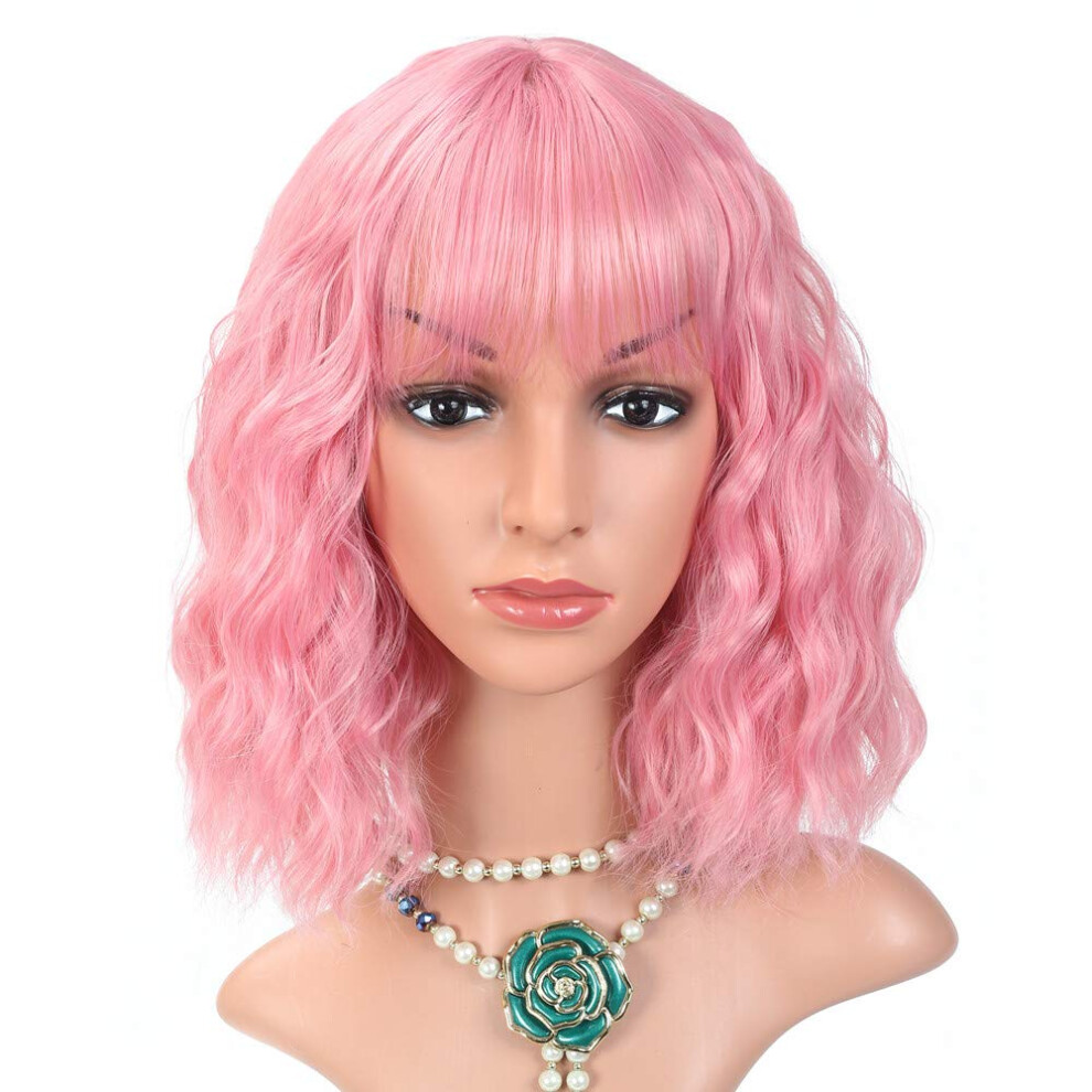 Unisex Pink 12 Inch Curly Synthetic Wig With Bangs Heat Resistant Natural Scalp Look For Women