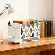 Adjustable Metal Bookends with Removable Pen Holder and Hooks, Expandable Organizer for Heavy Books, White