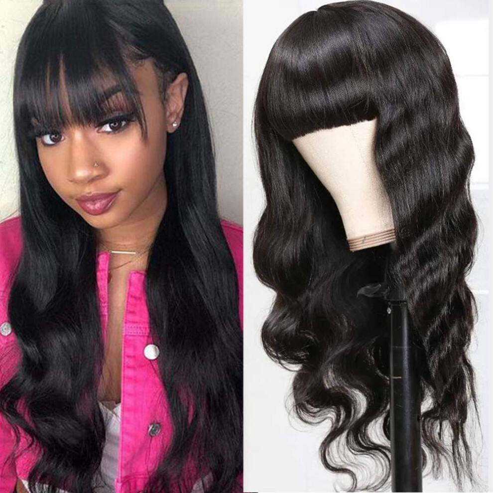 Unisex Black Brazilian Human Hair Bob Wig With Bangs 130 Density Natural Hairline For Women
