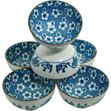 NS2005 Japanese Blue White Rice Bowls Design, 8-Ounces, 4½-Inches, Set of 6