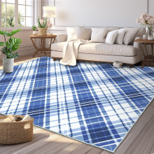 Haperlare Anti-Slip Area Rug 5' x 7' Washable Rug Modern Geometric Gradual Plaid Rug Low Pile Floor Cover for Bedroom Kitchen, Blue