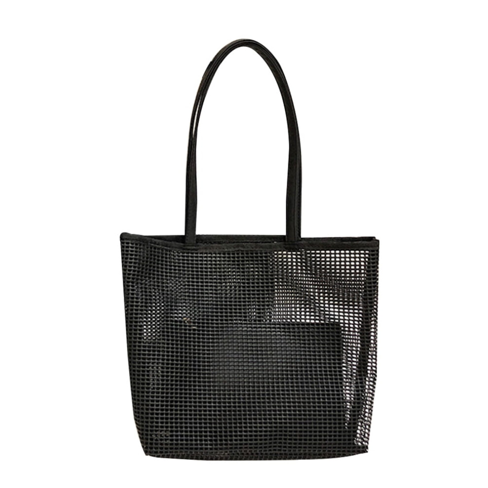 Mizh Black Portable Tote Bag Mesh Hollow Out Shoulder Bag Multifunctional Fashionable Pouch Beach Bag with Small Cosmetic Bag for Lady Girls