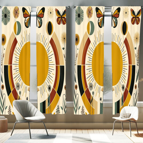 Ambesonne Mid Century Modern 4-Panel Curtains, Boho Sun Moth, 56"x95", Pale Coffee Eggshell