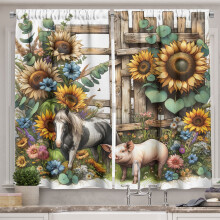 Ambesonne Rustic Kitchen Curtains, Vintage Farm Pig and Horse, 55"x24", Mustard Green Taupe