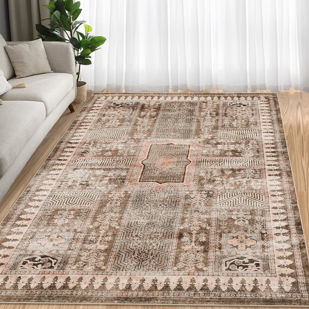 Haperlare Machine Washable Area Rugs Oriental Vintage Stain-Resistant Rugs for Kitchen Dining Room Home Office Rug,Brown,5'x7'