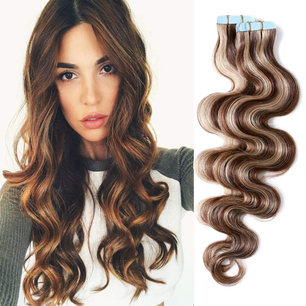 Unisex Brown 18 Inch Body Wave Human Hair Extensions With Seamless Invisible Tape, Highlighted Blonde 20Pcs