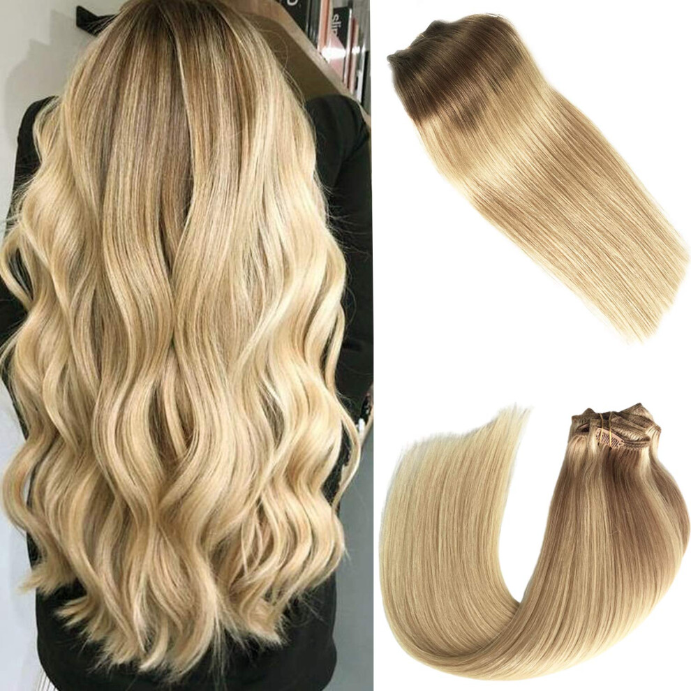 Unisex Brown Ombre Balayage Remy Human Hair Extensions Clip In Golden To Bleach Blonde 18 Inch Double Weft