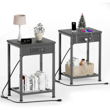 Nightstands Set of 2 with Charging Station, USB Ports & Power Outlets, Narrow Bedside Tables for Bedroom, Living Room (Black)